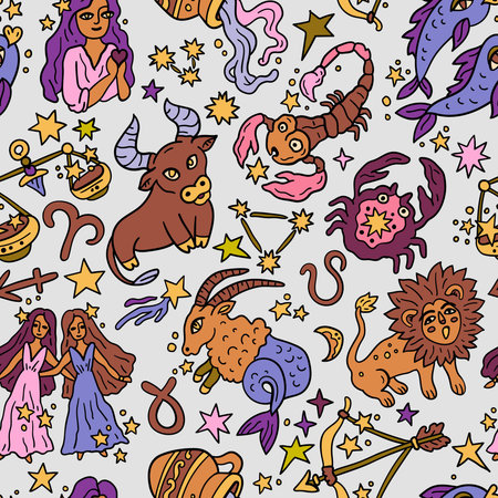 Seamless pattern with Western astrology. Zodiac animals. A cosmic fantasy backdrop for teenagers and...