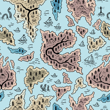 Seamless vector map pattern with islands, seas, and rivers. Adventure. Geographic wallpaper for...