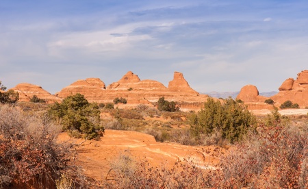 A beautiful view at Arches National Park taken late in the day. One could spend months in this park and still not exhaust all the photo opportunities.の写真素材