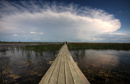 Boardwalk over water at Last Mountain Wildlife Refugeの写真素材