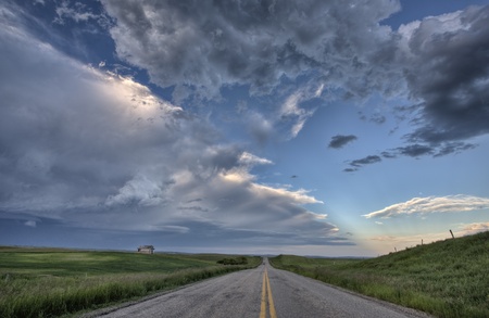 Prairie Road and School House Saskatchewan Canadaの写真素材