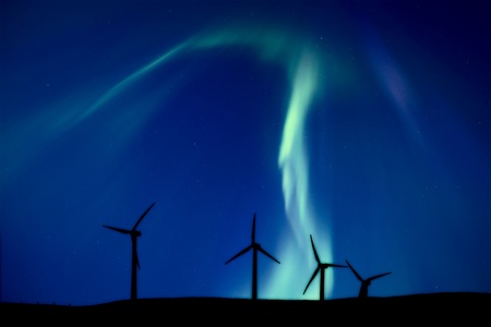Wind Farm And Northern Lights Aurora Borealis Canadaの写真素材