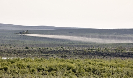 Crop Duster spraying in Saskatchewan Canada fieldのeditorial素材