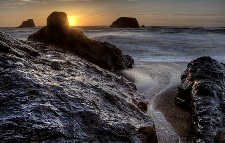 Sunset Bandon Oregon beautiful rock formations USAの写真素材