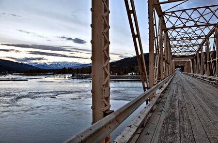 Bridge over Saskatchewan River Rocky Mountains Canadaの写真素材