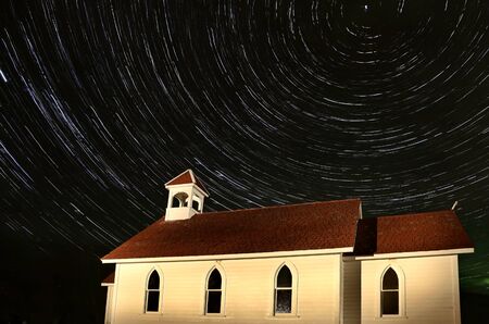 Church Night Shot star trails Saskatchewan Canadaの写真素材