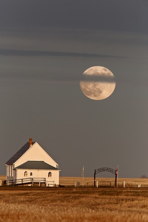 Country Church Full Moon in Saskatchewan Canadaのeditorial素材