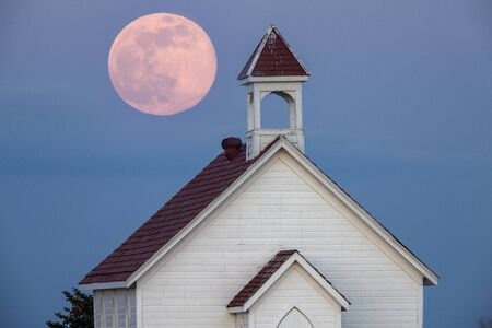 Full Pink Moon and Country Church Saskatchewan