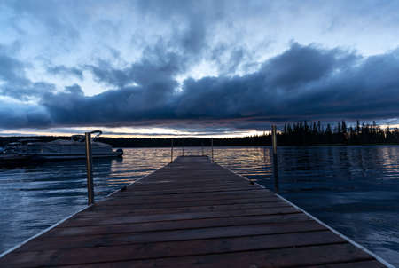 The Narrows Waskesiu sunset Northern lake Wildernessの写真素材