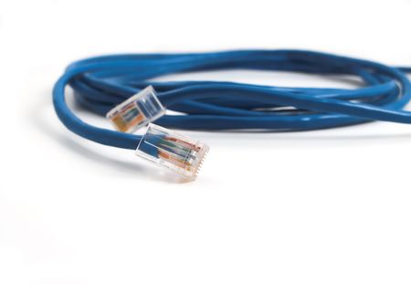 blue network patch cable on white background