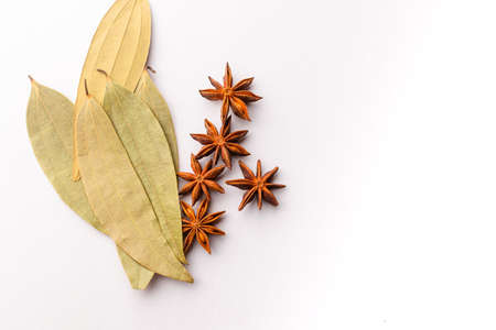Dried Star anise spices with Cinnamon tamla spice leaves isolated on the white background with copy space. It is used in various indian cuisines such as biryani and also used as a medicine.の写真素材