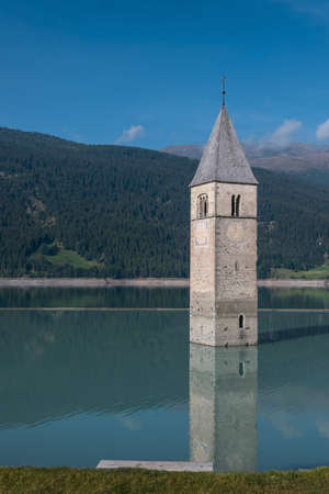 Monument church tower in the water - Graun Italy south tyrolの写真素材