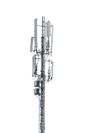 Mobile phone transmission mast with various 5g antennas isolated in front of white backgroundの写真素材
