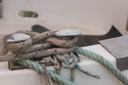 Ship bollard with green and grey ropes to which a blue boat is moored