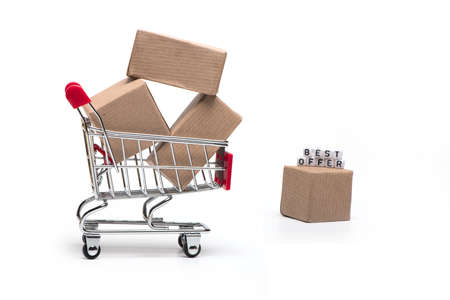 Packages in a shopping cart with best offer parcel next to it as a concept for shopping cart and...