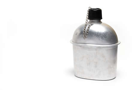 Close up of silver metal aluminum water bottle isolated on white background