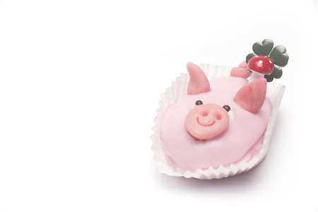 Close up of sweet pink marzipan pig with sweet overcoat as dessert and lucky charm for New Year isolated on white backgroundの写真素材