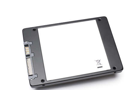 Close up of modern SSD hard disk drive against white background