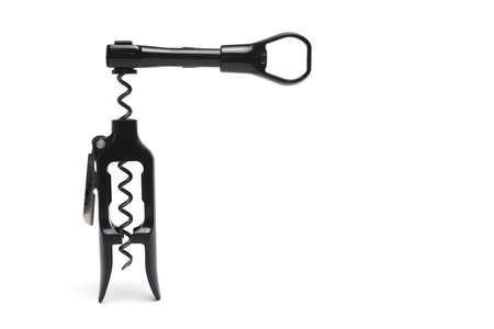 Close up of high quality black plastic corkscrew for comfortable opening of wine bottles on white backgroundの写真素材
