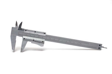 Close up of metal caliper for precise measurement of thickness and distance on white background