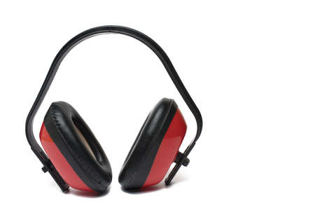 Close up of professional hearing protection with red ear capsules and black temple for work protection in noisy environment on white background earmuffの写真素材