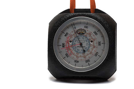 Close up of retro analog vintage altimeter with various scales indicators hands and orange rope in...