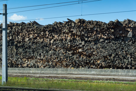 A large stacked pile of logs next to railroad railway tracks as a concept for timber transportation and industrial timberの写真素材