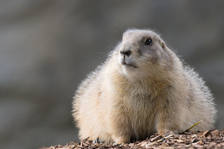 Close up of marmot thickly padded before winter on guard post to warn other animals of intruders as concept for supplies and guardingの写真素材