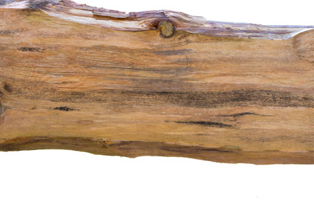 old not edged brown rustic board panel with visible knots against white background for use as a sign and lettering with copy spaceの写真素材