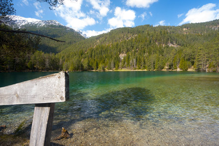 Intact Naru at pristine mountain lake in Tyrol landscape shot wooden fence blue sky partly cloudy forests and snowy peaks as concept for wilderness relaxation calmness and silenceの写真素材