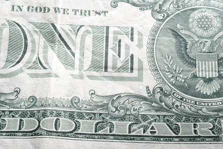 American one dollar bill banknote currency extreme macro closeup with word dollar visibleの写真素材