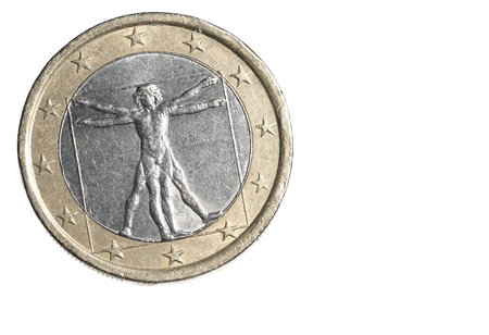 Macro Extreme close-up of a 1 one euro bimetal coin of the European single currency on a white background with Leonardo da Vinci's human figure as a concept for Saved Coin Money and Cashの写真素材