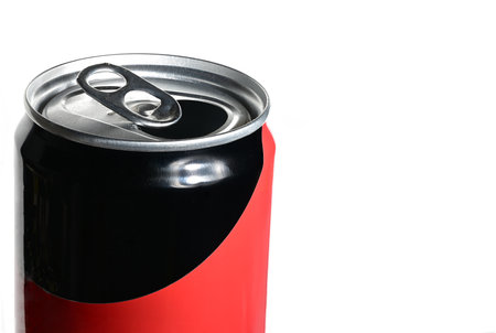 Close up partial view of red black silver metal aluminum beverage can with open cap on white background as concept for deposit recycling soft drinks and alu cansの写真素材