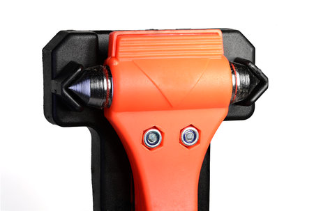 Partial view of distress hammer with two sharp metal tips for crash rescue exit with black plastic holder concept for crash emergency exitの写真素材
