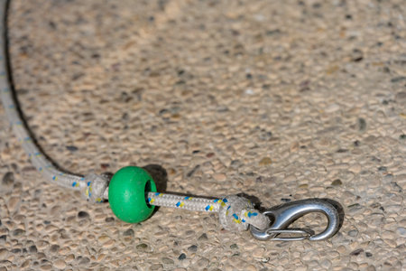 Fixed anchored rope leash with metal iron steel carbine for tethering dogs outside in front of a store where animals are not allowedの写真素材