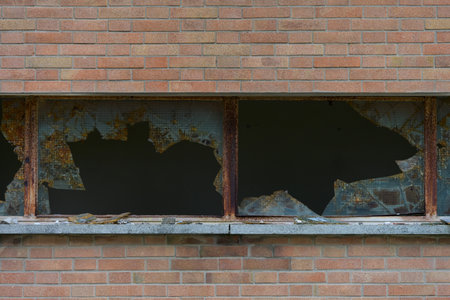 Close up partial view of dilapidated old building with brick wall and damaged desolate neglected window shards lost place as concept for end time desolation rebellion and protestの写真素材