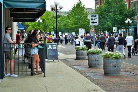Dayton, Ohio, United States 05/30/2020 protesters at a black lives matter rally marching down the...