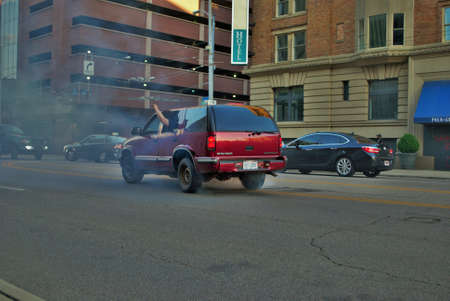 Dayton, Ohio, United States 05/30/2020 protesters doing burnouts in the middle of down town at a...