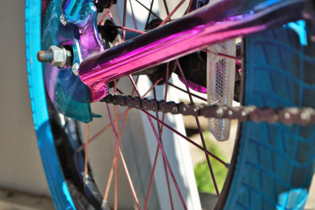 selective focus close up of parts on a childs bikeの写真素材