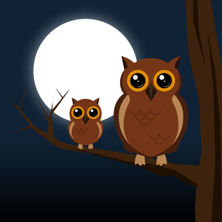 Owl family on a tree with full moon. Vector illustration.のイラスト素材