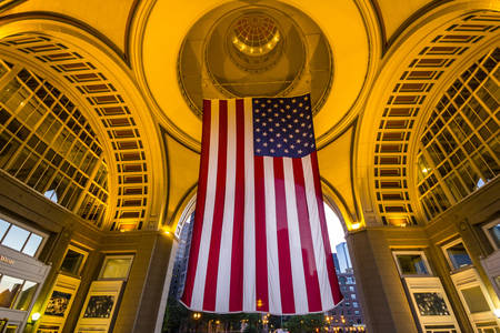 Huge USA flag hanging from the ceiling in Bostonのeditorial素材