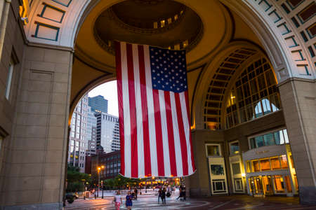 Huge USA flag hanging from the ceiling in Bostonのeditorial素材