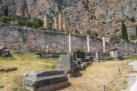 Ancient columns at the temples of Delphi in Greece