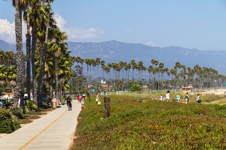 Promenade with palm trees in Santa Barbara, Californiaの写真素材
