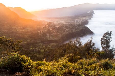 View on indonesian landscape at sunrise around Mount Bromoの写真素材