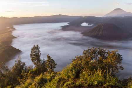 View on Mount Bromo landscape before sunrise, Java, Indonesiaの写真素材