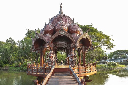 Traditional temple on water in ancient city near Bangkok, Thailandの写真素材