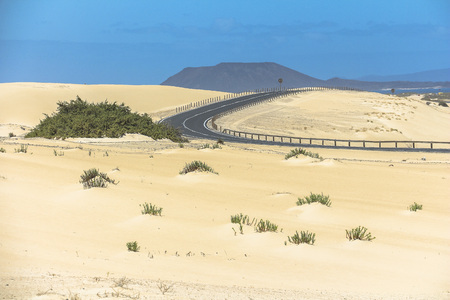 Winding road through sand dunes of Corralejo, Fuerteventuraの写真素材
