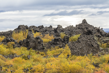 Dimmuborgir hiking trail lava landscape, Icelandの写真素材