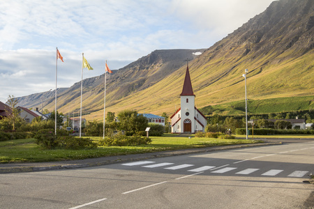 Beautiful church in small town Flateyri, west fjords. Icelandの写真素材